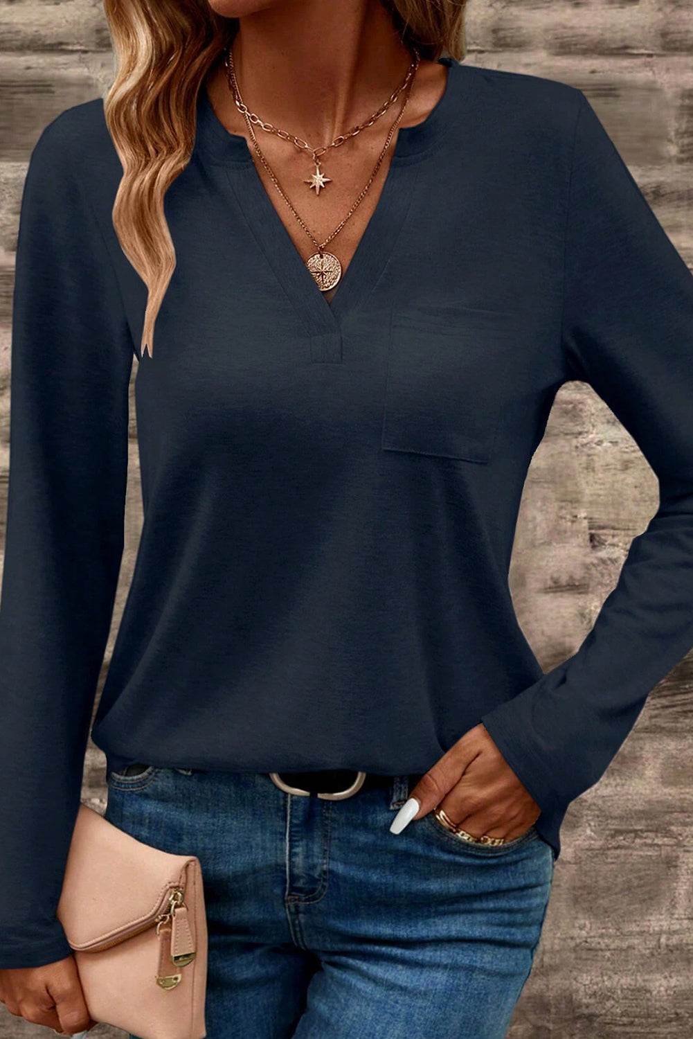 Cali Chic Dirty blue Notch V Neck Pocket Patched Long Sleeve T Shirt