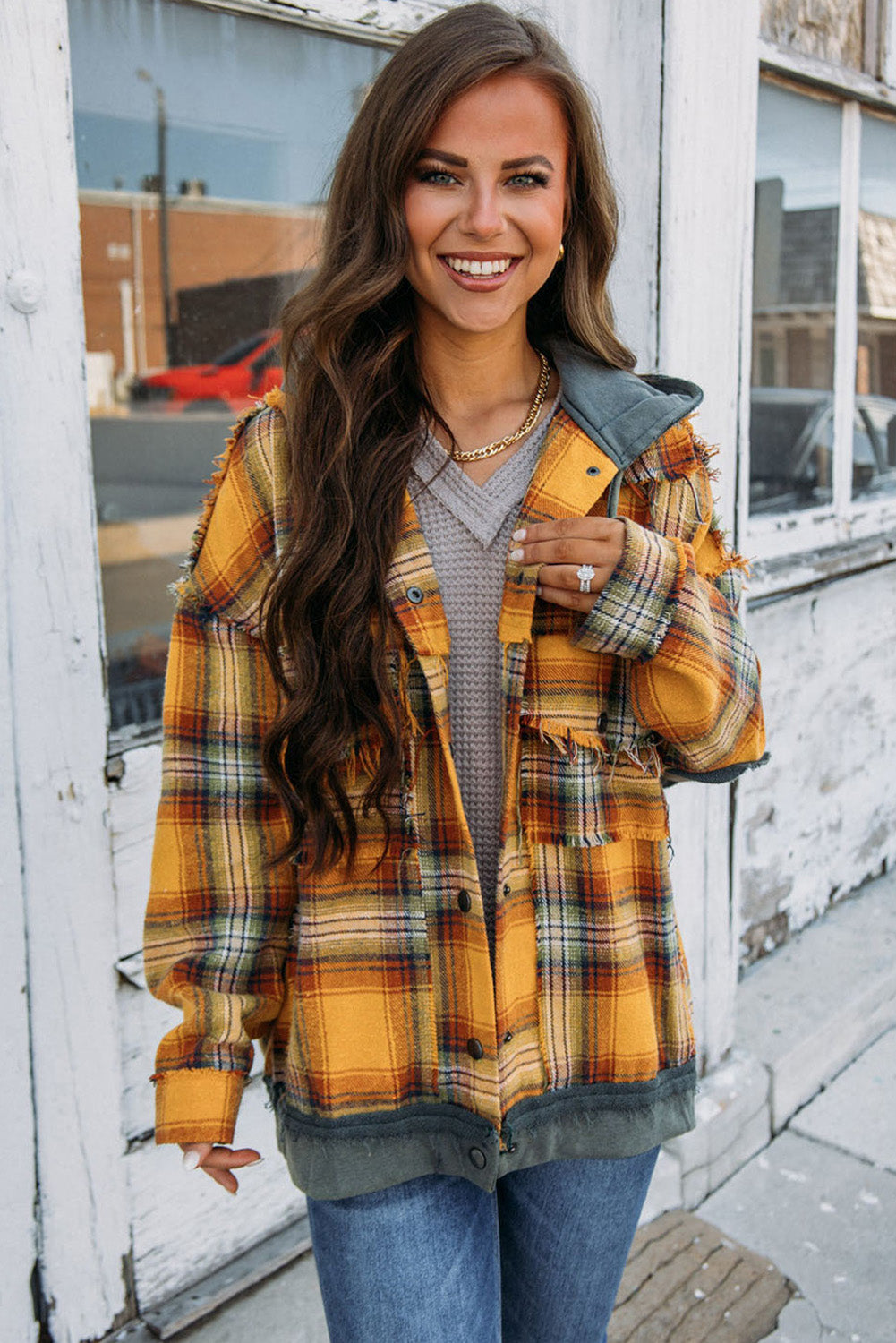 Cali Chic Orange Plaid Patch Hooded Frayed Snap Button Jacket