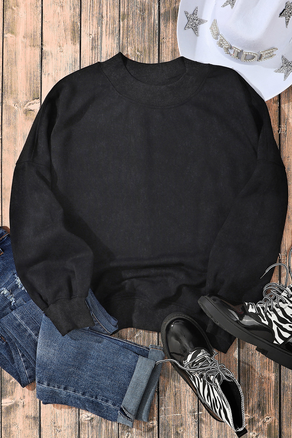 Cali Chic Women Black Drop Shoulder Crew Neck Pullover Sweatshirt