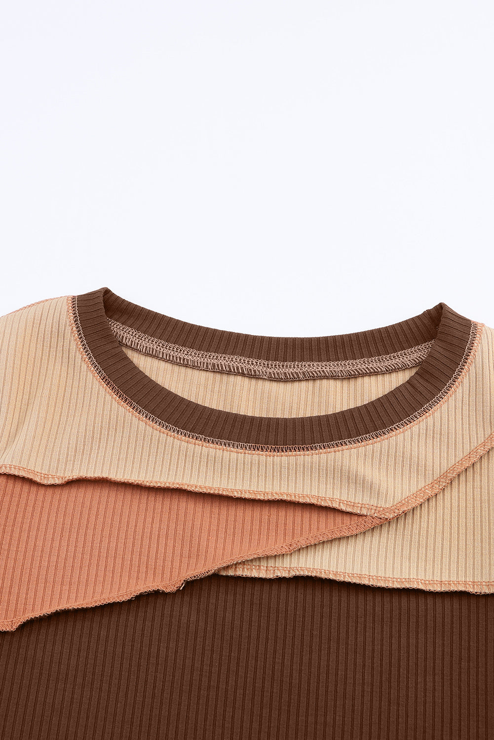 Cali Chic Brown Expose Seam Color Block Ribbed Knit Top