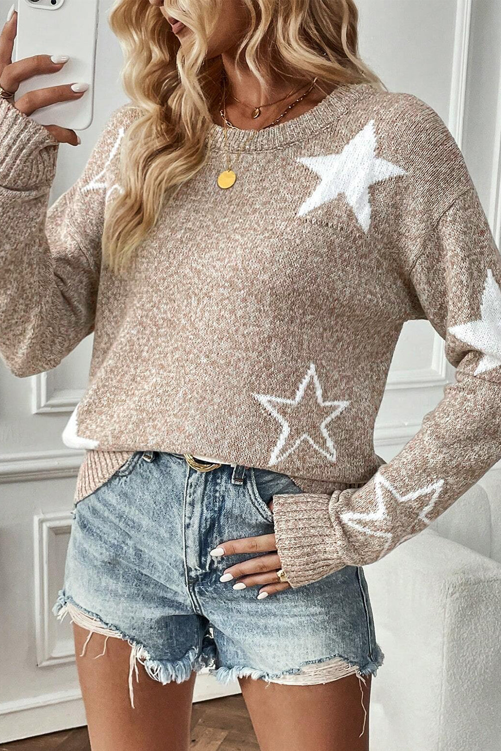 Cali Chic Women Sweater Khaki Star Pattern Drop Shoulder Pullover Top