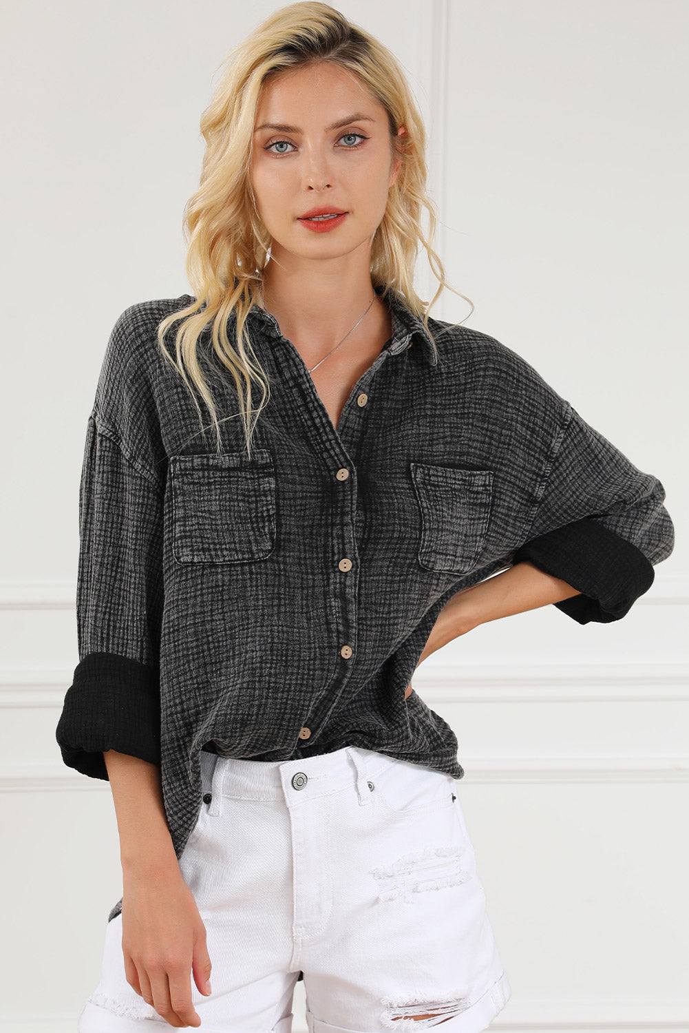 Black Mineral Wash Crinkle Textured Chest Pockets Shirt