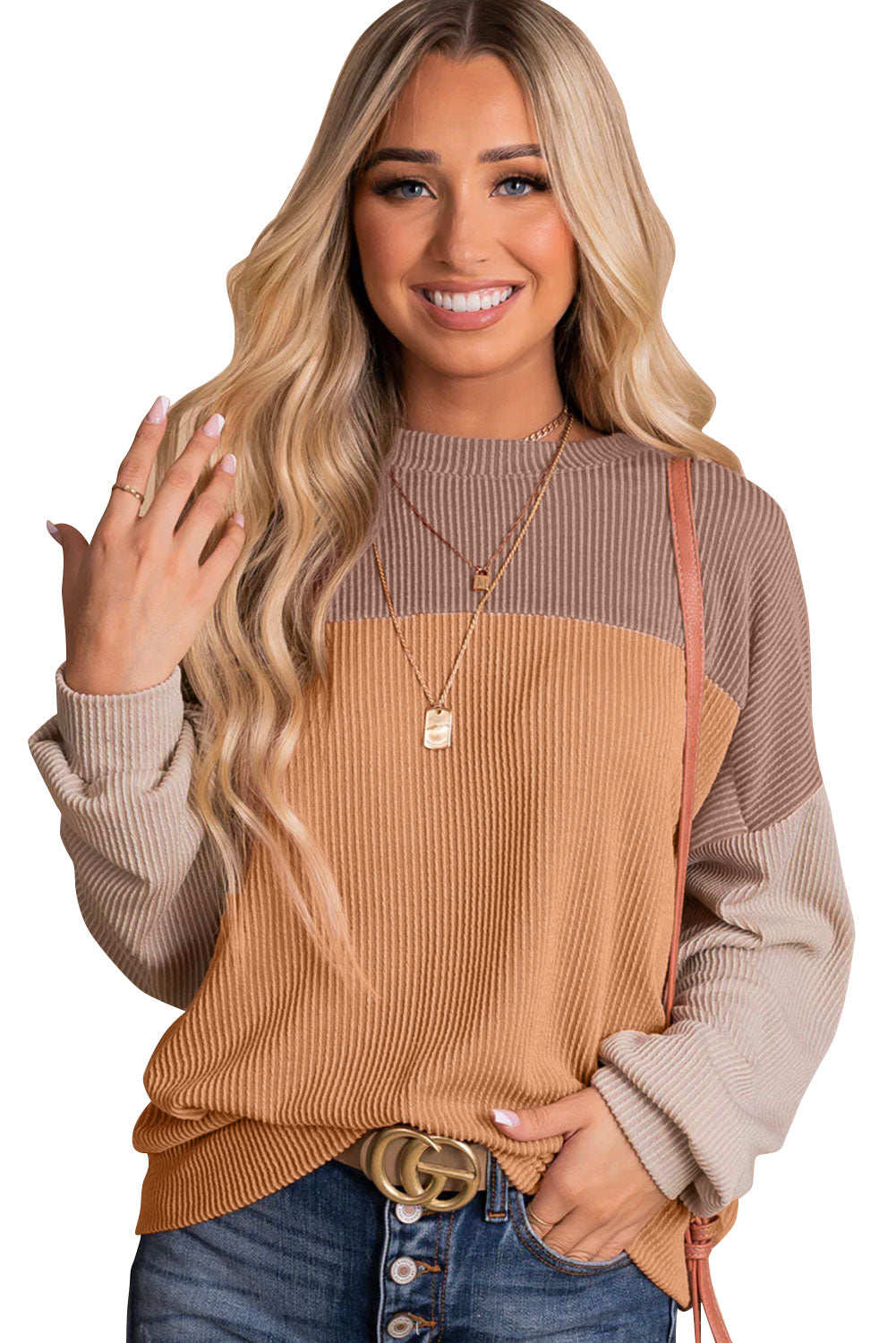 Cali Chic Women's Tops Khaki Color Block Celebrity Long Sleeve Ribbed Loose