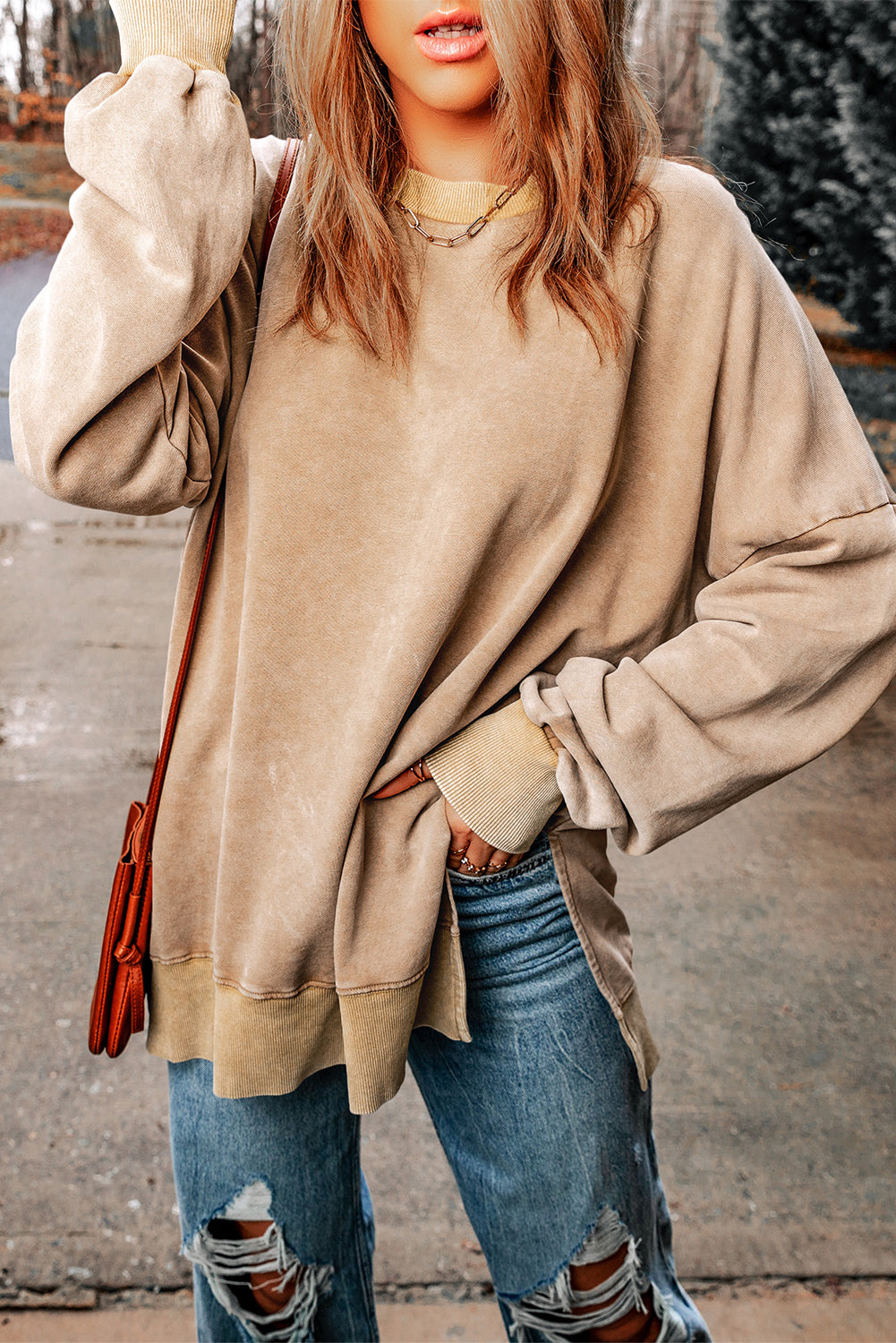 Cali Chic Khaki Drop Shoulder Ribbed Trim Oversized Sweatshirt