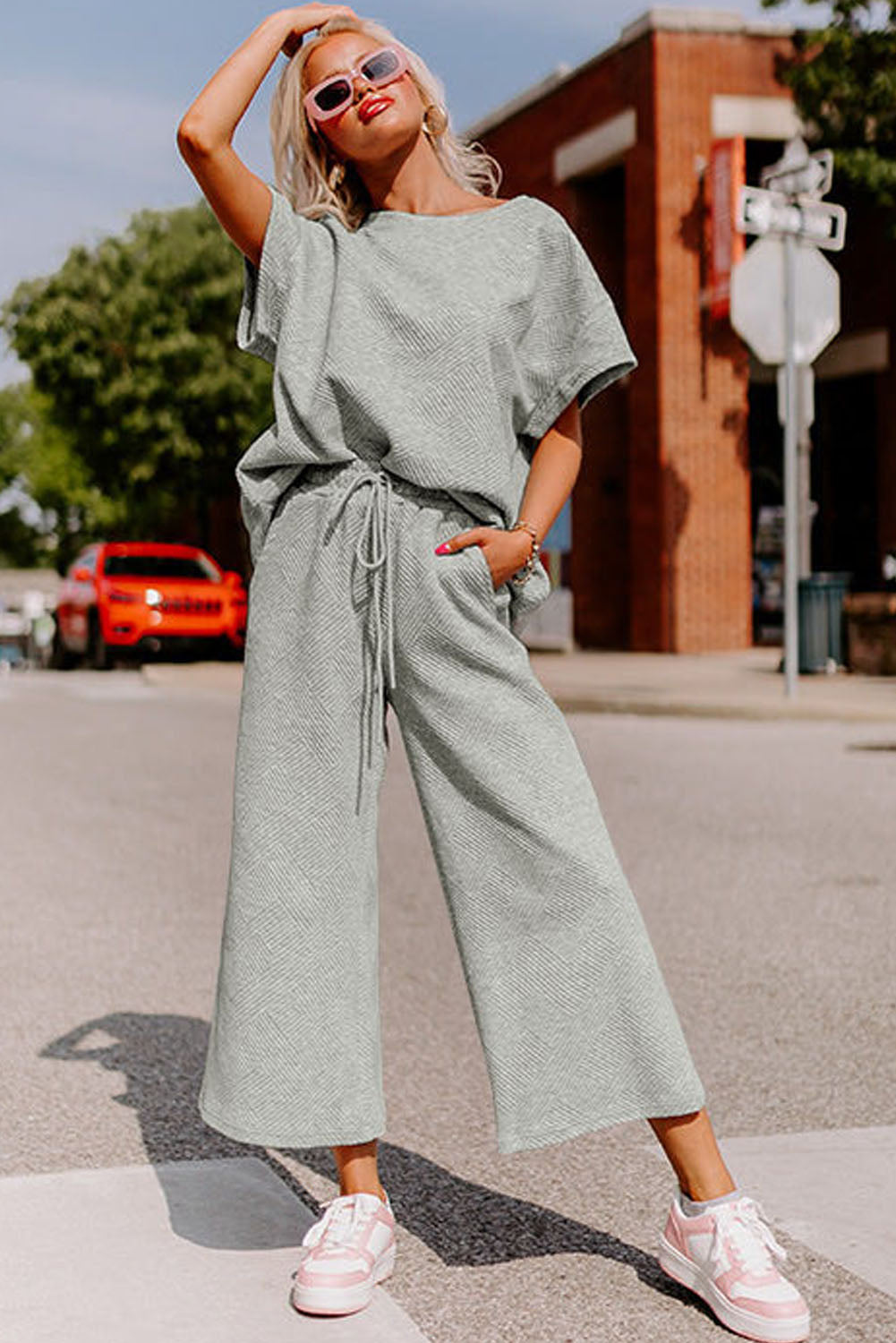 Cali Chic Gray Textured Loose Fit T Shirt and Drawstring Pants Set