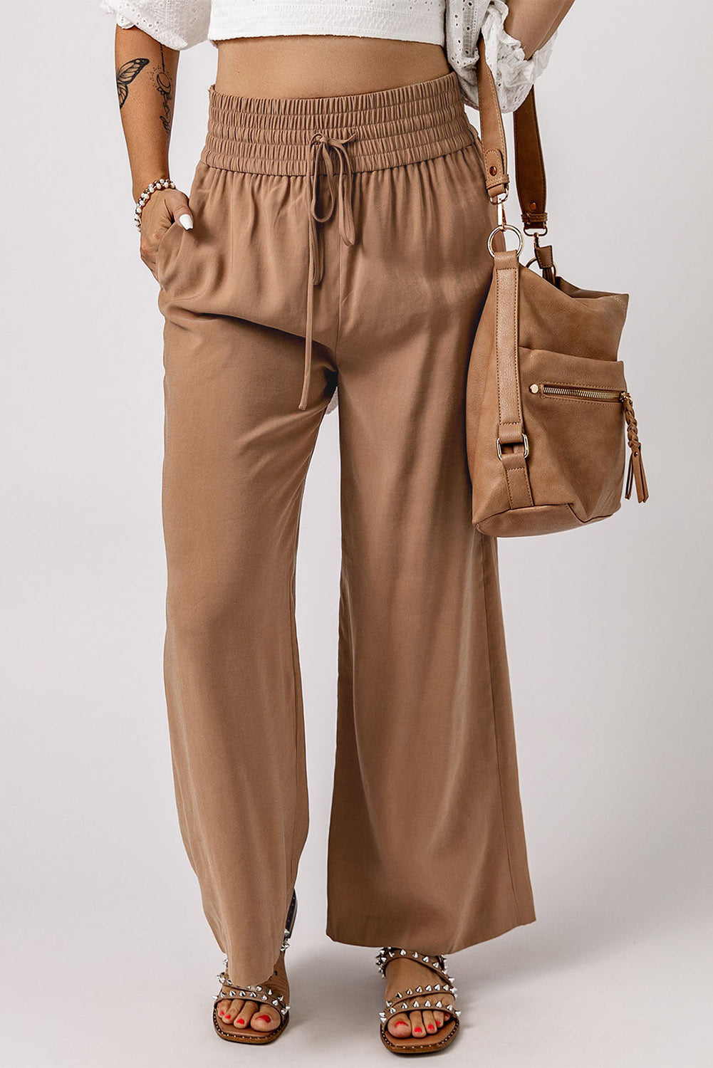 Cali Chic Women Wide Leg Pants Brown Drawstring Elastic Waist