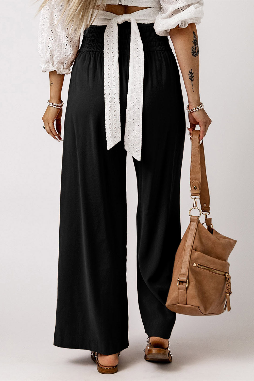 Cali Chic Women Wide Leg Pants Black Drawstring Elastic Waist