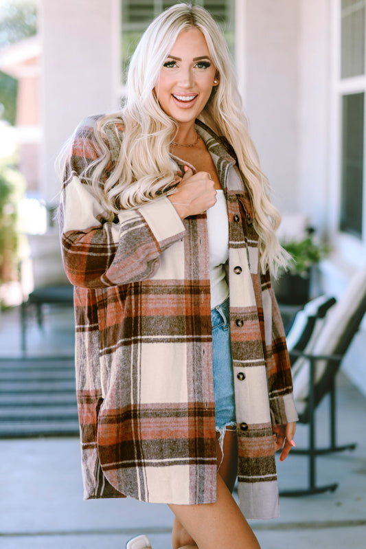 Cali Chic Brown Plaid Print Flap Pockets Long Shacket