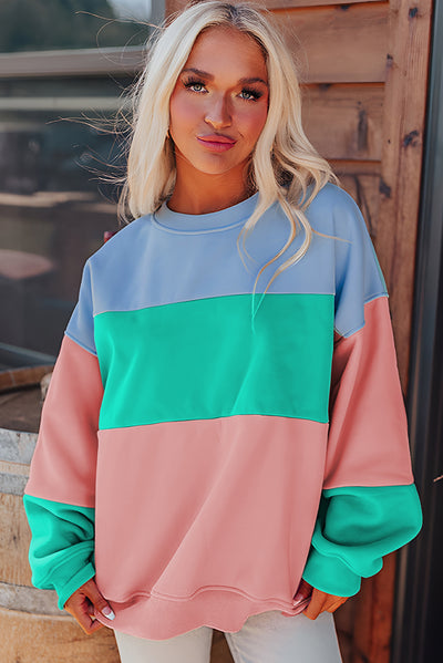 Cali Chic Women Sweatshirt Blossom Color Block Patchwork Drop Shoulder Pullover