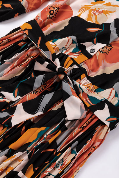 Multicolor Floral Print Waist Tie Pleated Midi Shirt Dress