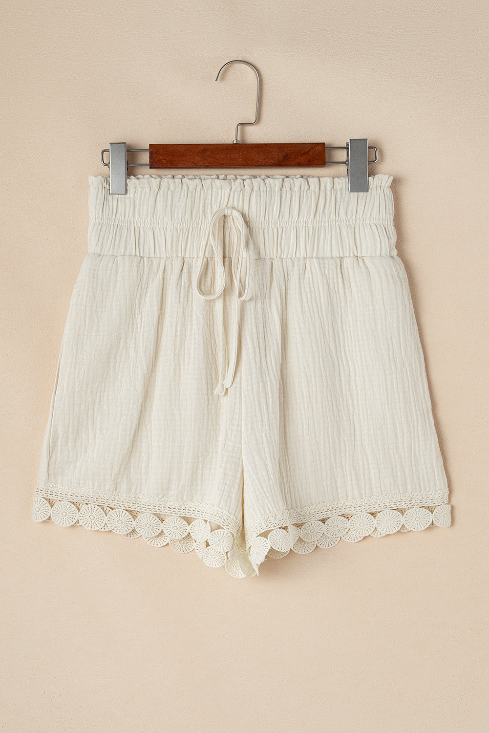 Cali Chic Apricot Textured Frilled Knotted High Waist Lace Hem Shorts