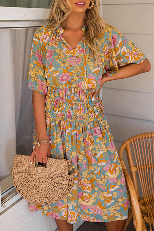 Cali Chic Boho Wide Sleeve Smocked Waist Floral Dress