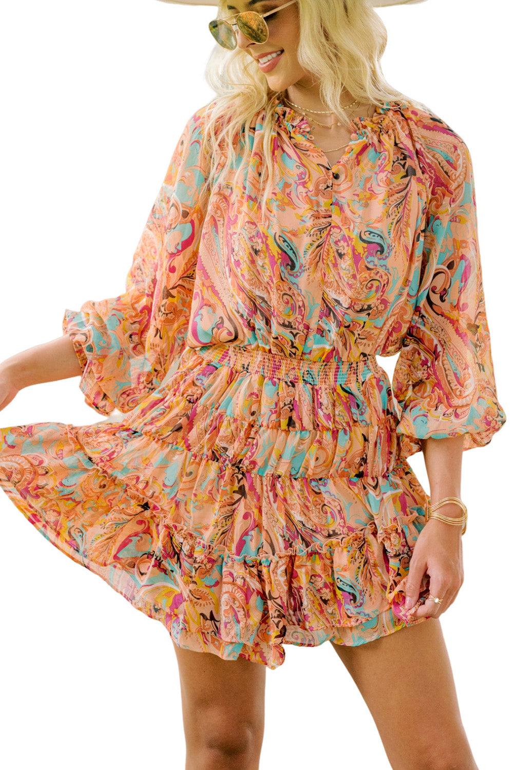 Multicolour Paisley Print Frilled Mini Dress