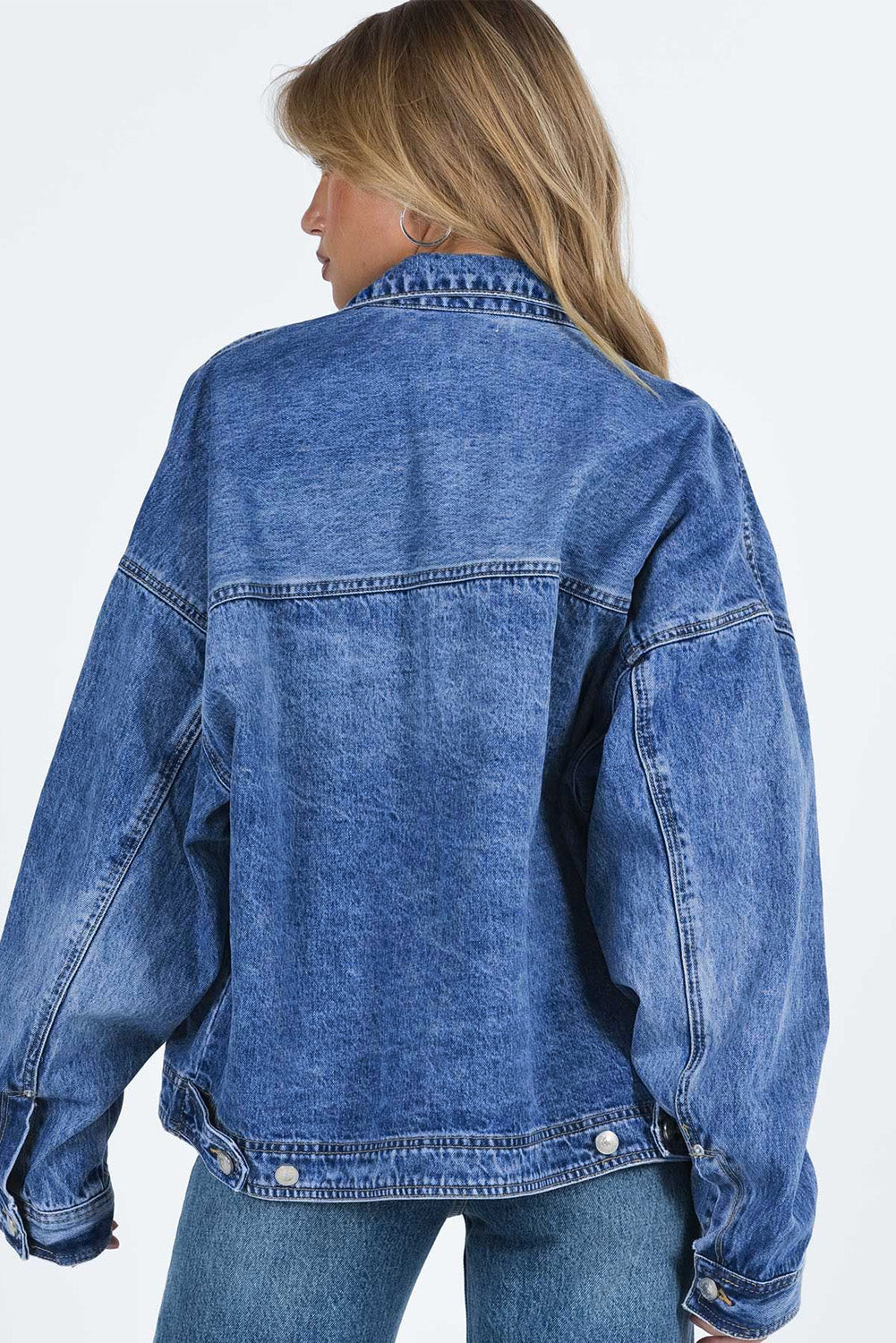 Cali Chic Blue Chest Pockets Drop Shoulder Loose Denim Jacket