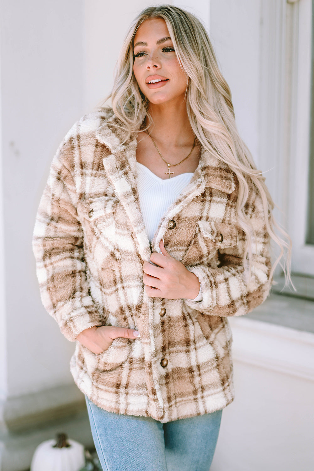 Khaki Sherpa Plaid Button Pocketed Jacket