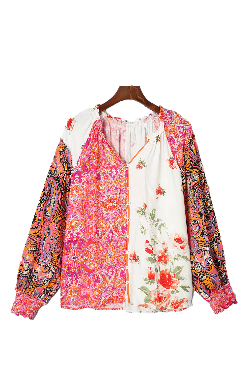 Multicolor Floral Patchwork Shirred Cuff Buttoned V Neck Blouse