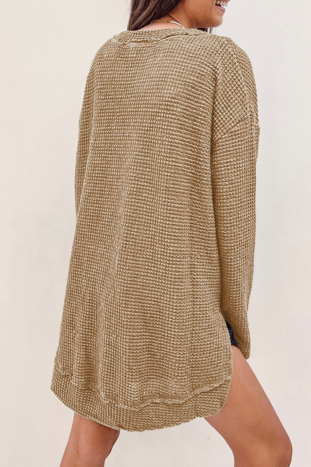 Cali Chic Women Khaki Waffle Knit High Slits Oversized Tops