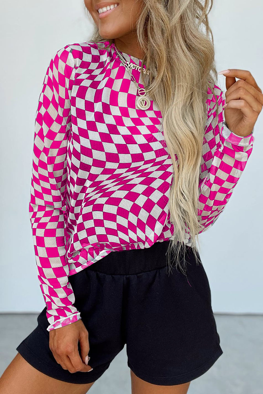 Cali Chic Rose Checkered Pattern Mesh Mock Neck Long Sleeve Top