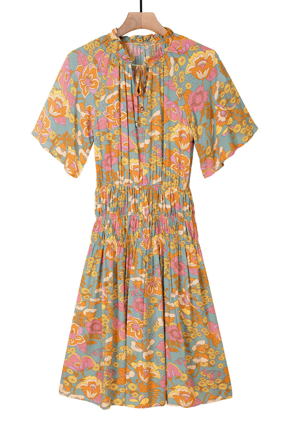 Cali Chic Boho Wide Sleeve Smocked Waist Floral Dress