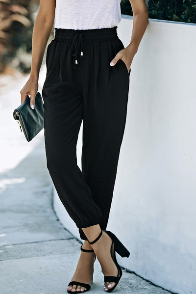 Black Solid Color Drawstring Smocked Waist Joggers