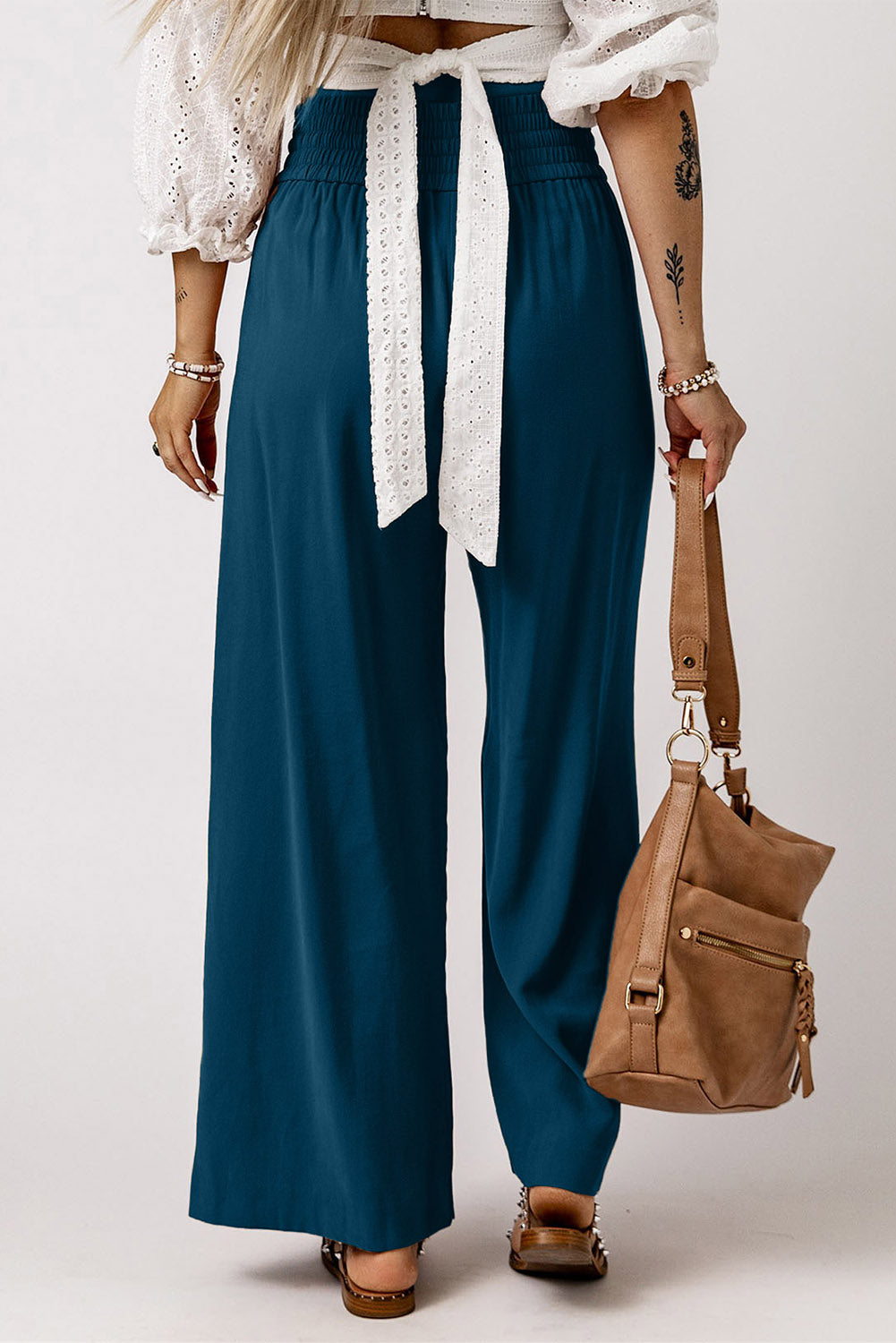 Cali Chic Blue Drawstring Elastic Waist Casual Wide Leg Pants