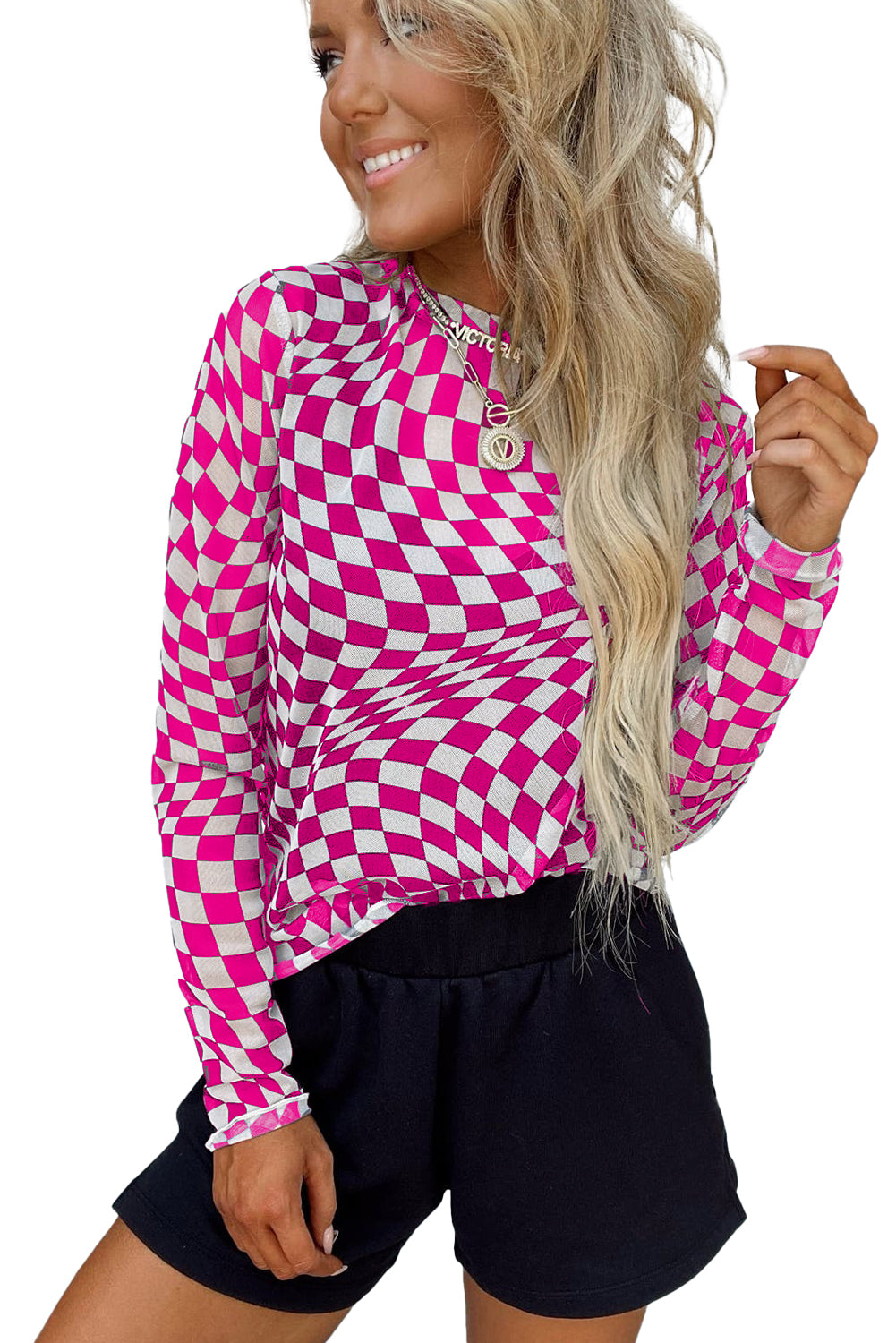 Cali Chic Rose Checkered Pattern Mesh Mock Neck Long Sleeve Top