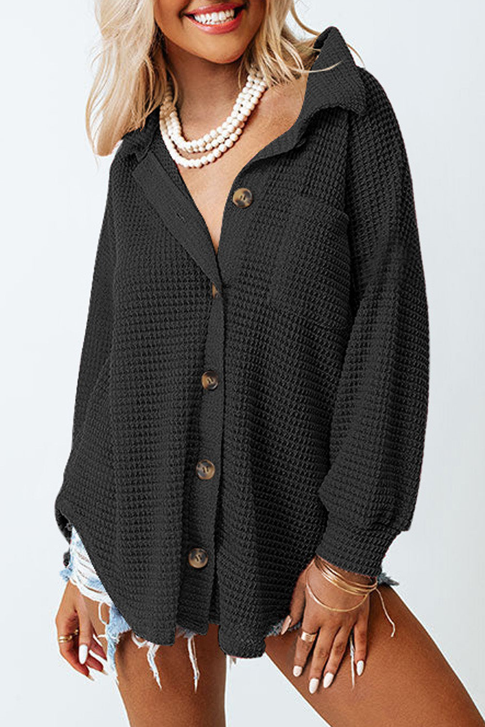 Cali Chic Black Waffle Knit Button Up Casual Shirt