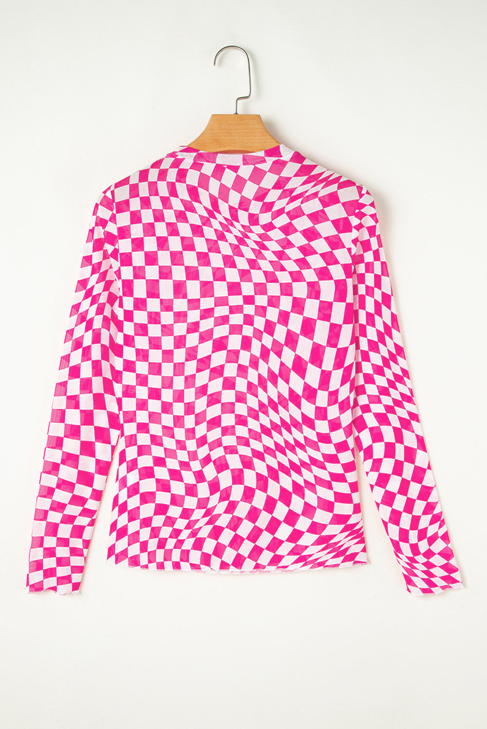 Cali Chic Rose Checkered Pattern Mesh Mock Neck Long Sleeve Top