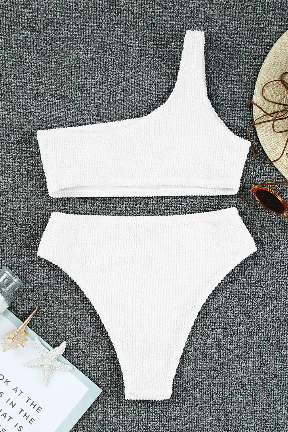 White Crinkle Textured Asymmetric One Shoulder Bikini Swimsuit