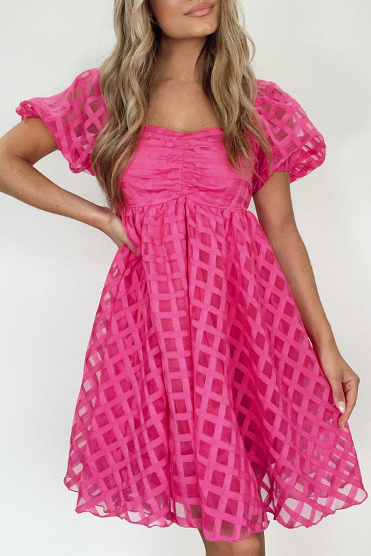 Strawberry Pink Checkered Puff Sleeve Babydoll Dress