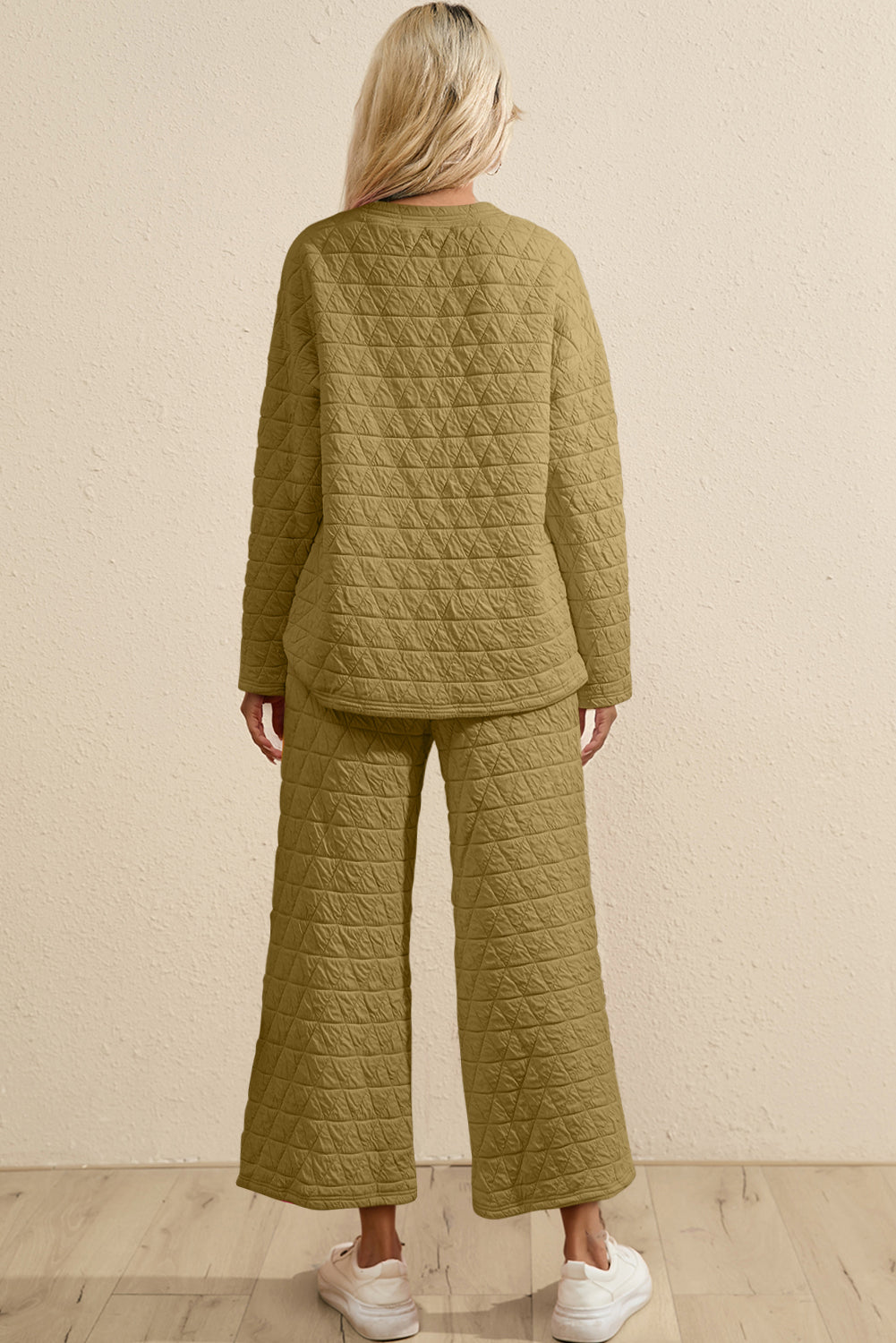 Sage Green Solid Quilted Pullover and Pants Outfit