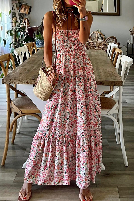 White Boho Floral Smocked Ruffled Maxi Dress