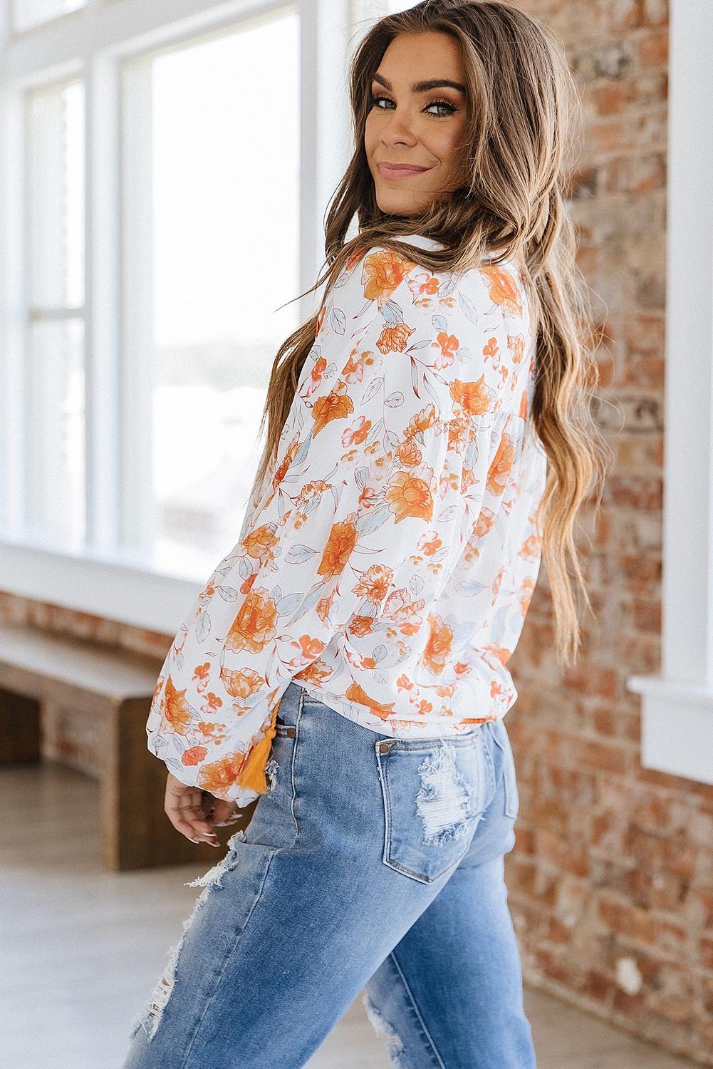 White Tassel Tie V Neck Bubble Sleeve Floral Blouse