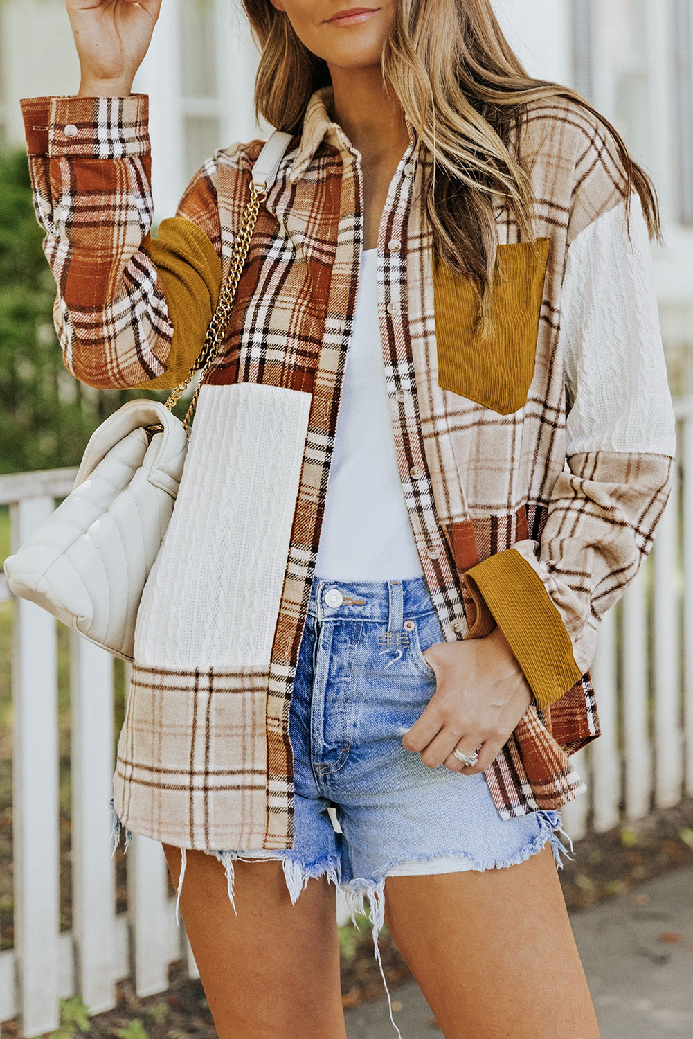 Cali Chic Orange Plaid Color Block Patchwork Shirt Jacket with Pocket