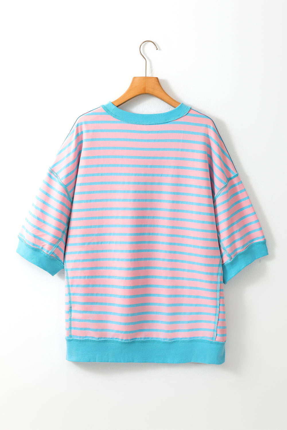 Cali Chic Women Top Pink Stripe Oversized Contrast Trim Exposed Seam High Low T Shirt