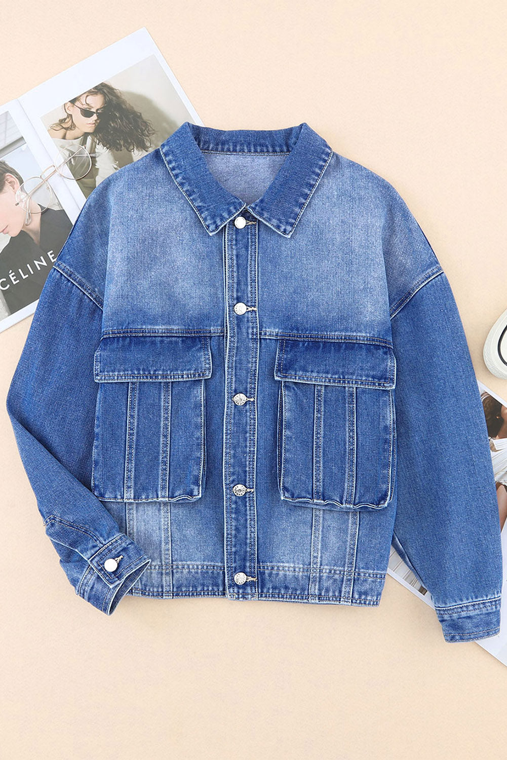 Cali Chic Blue Chest Pockets Drop Shoulder Loose Denim Jacket