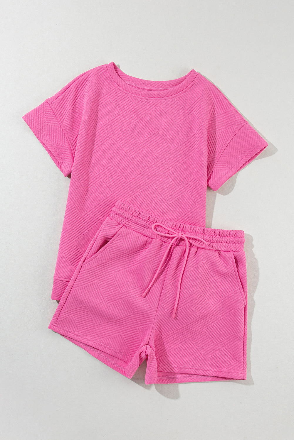 Cali Chic Strawberry Pink 2pcs Solid Textured Drawstring Shorts Set