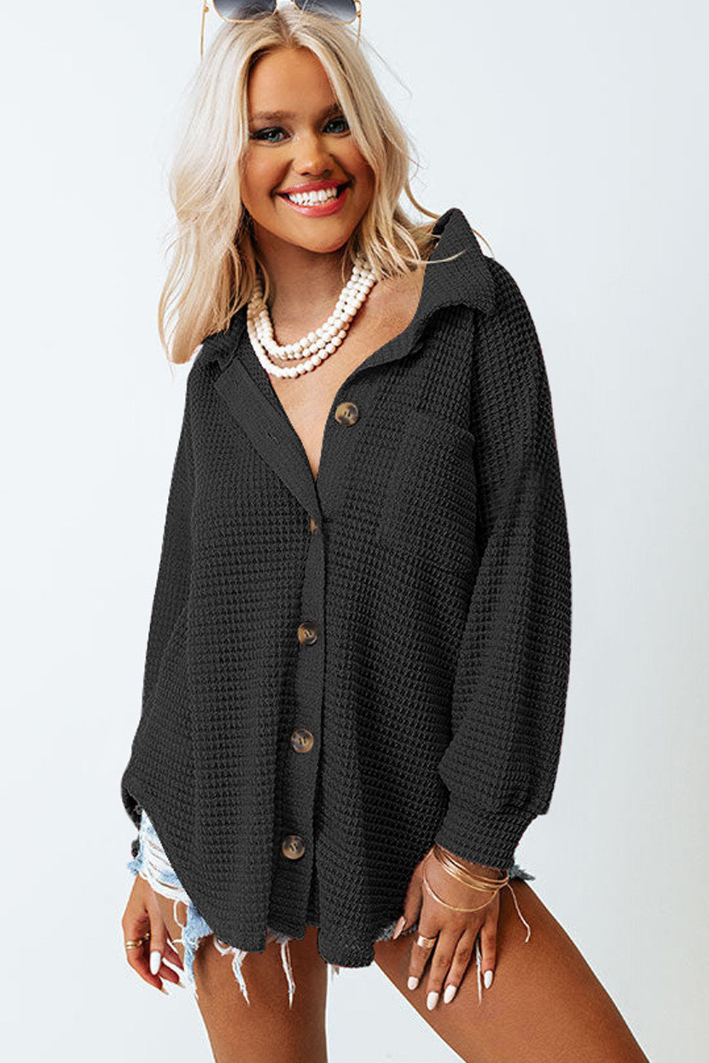 Cali Chic Black Waffle Knit Button Up Casual Shirt