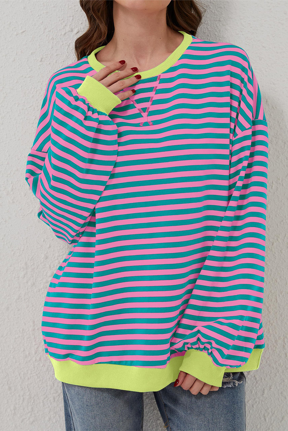 Cali Chic Women Sweatshirt Green Stripe Oversized Contrast Trim Knit Round Neck Pullover