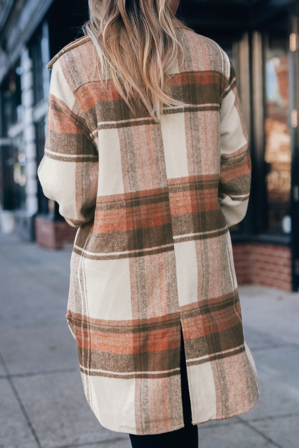 Cali Chic Brown Plaid Print Flap Pockets Long Shacket