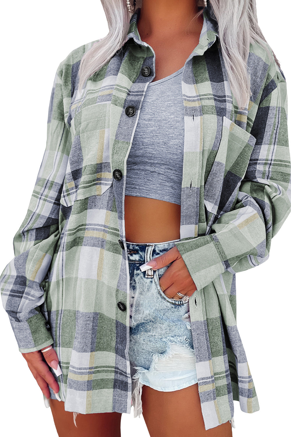 Cali Chic Green Plaid Button Up Patch Pocket Shirt