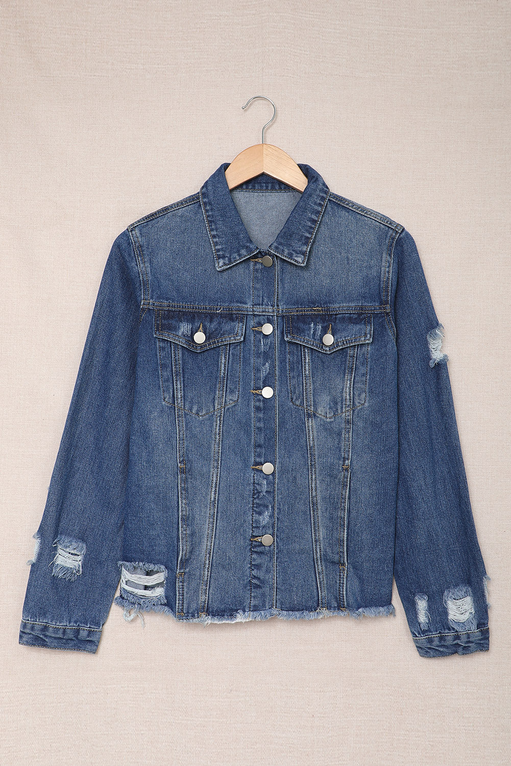 Cali Chic Blue Lapel Distressed Raw Hem Buttons Denim Jacket