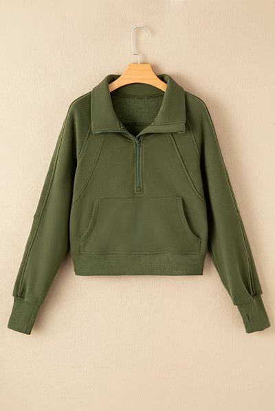 Cali Chic Green Zip Up Stand Collar Ribbed Thumbhole Sleeve Sweatshirt