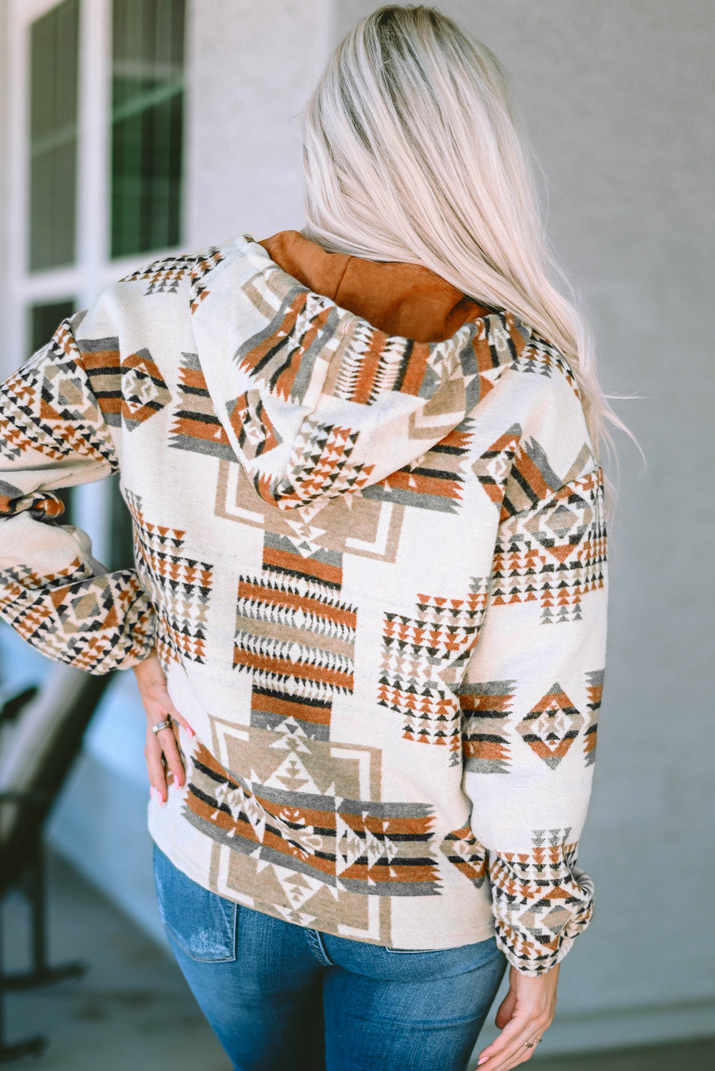 Cali Chic Beige Aztec Print Kangaroo Pocket Half-Zip Hoodie