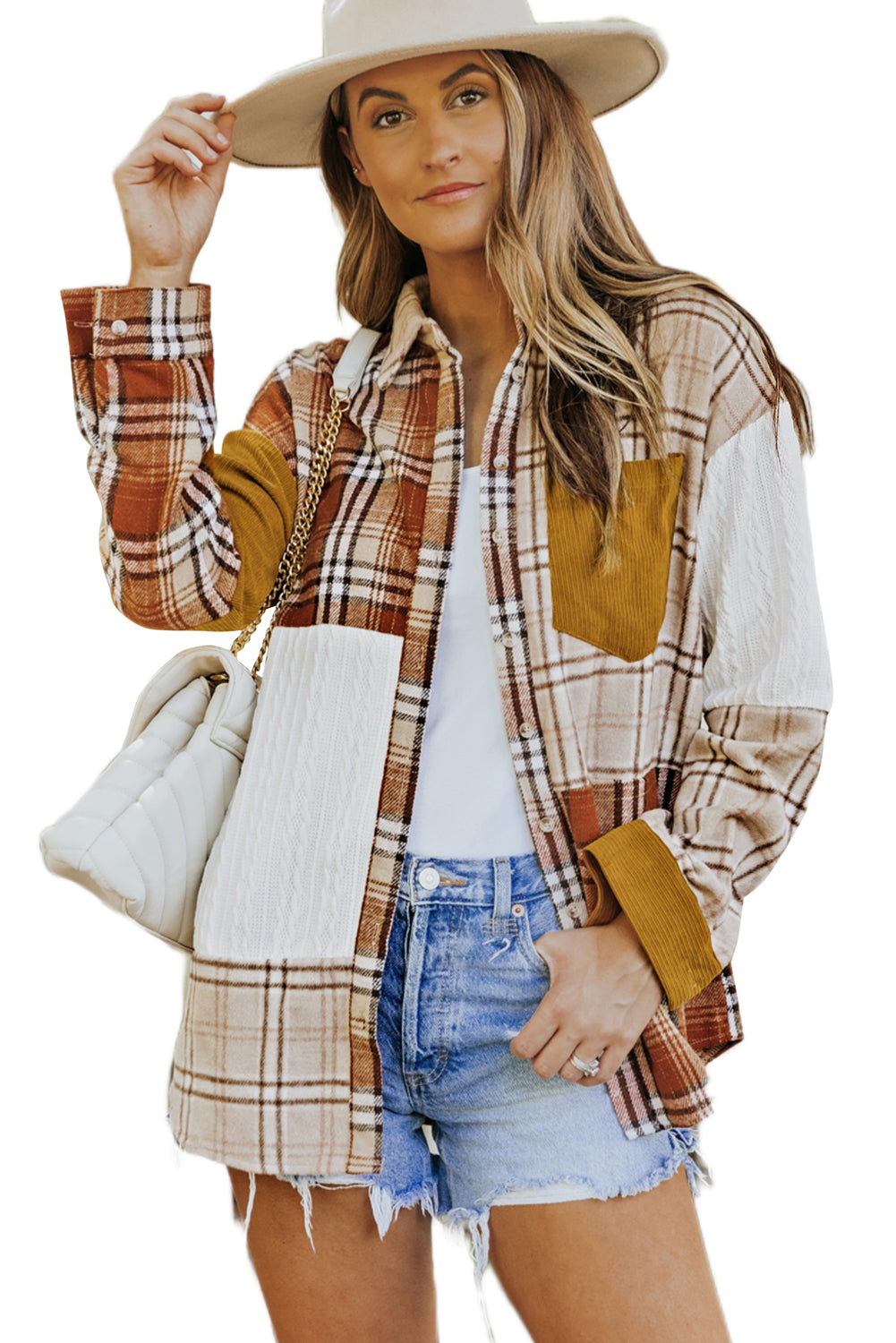 Cali Chic Orange Plaid Color Block Patchwork Shirt Jacket with Pocket