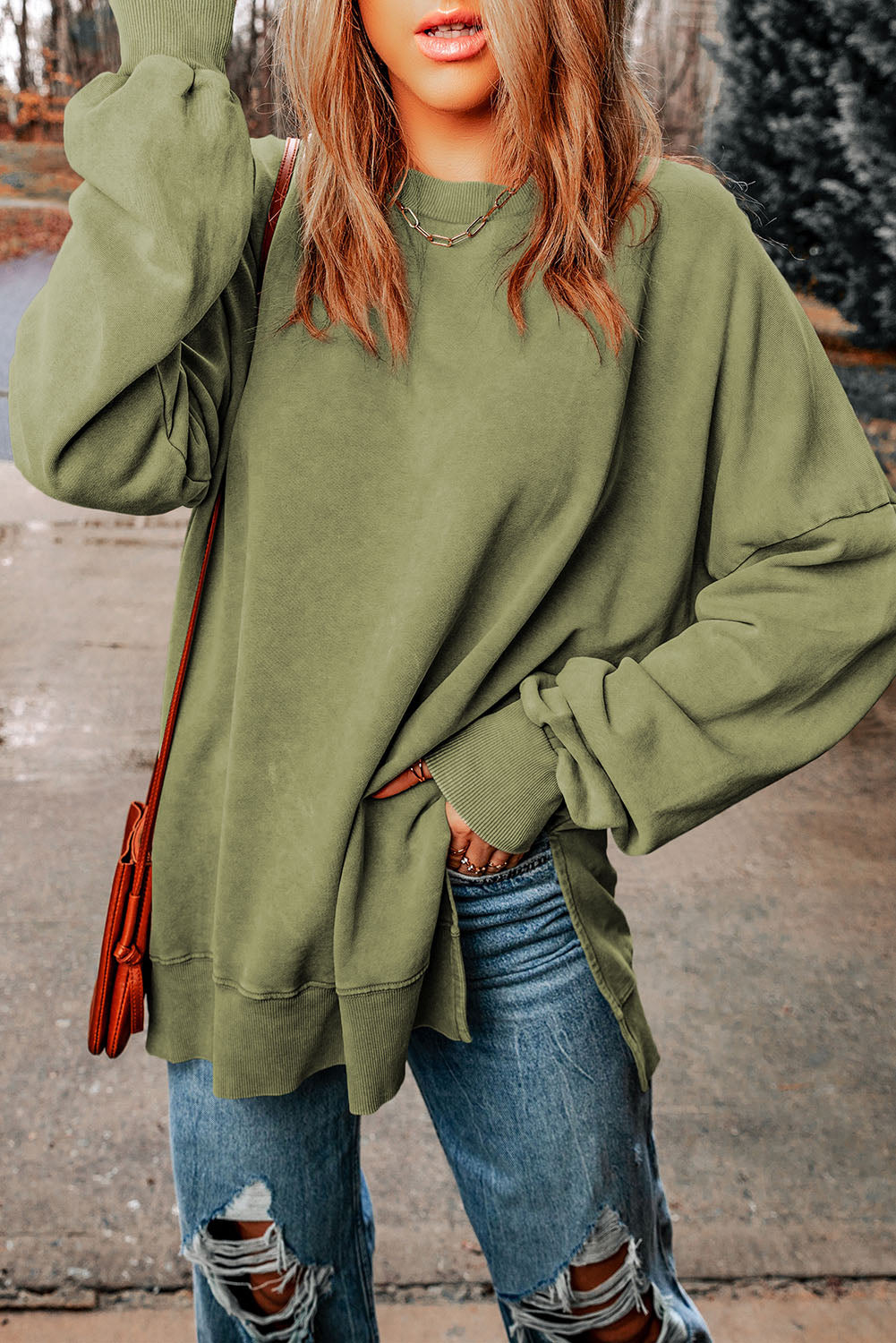 Cali Chic Women Green Drop Shoulder Ribbed Trim Oversized Sweatshirt