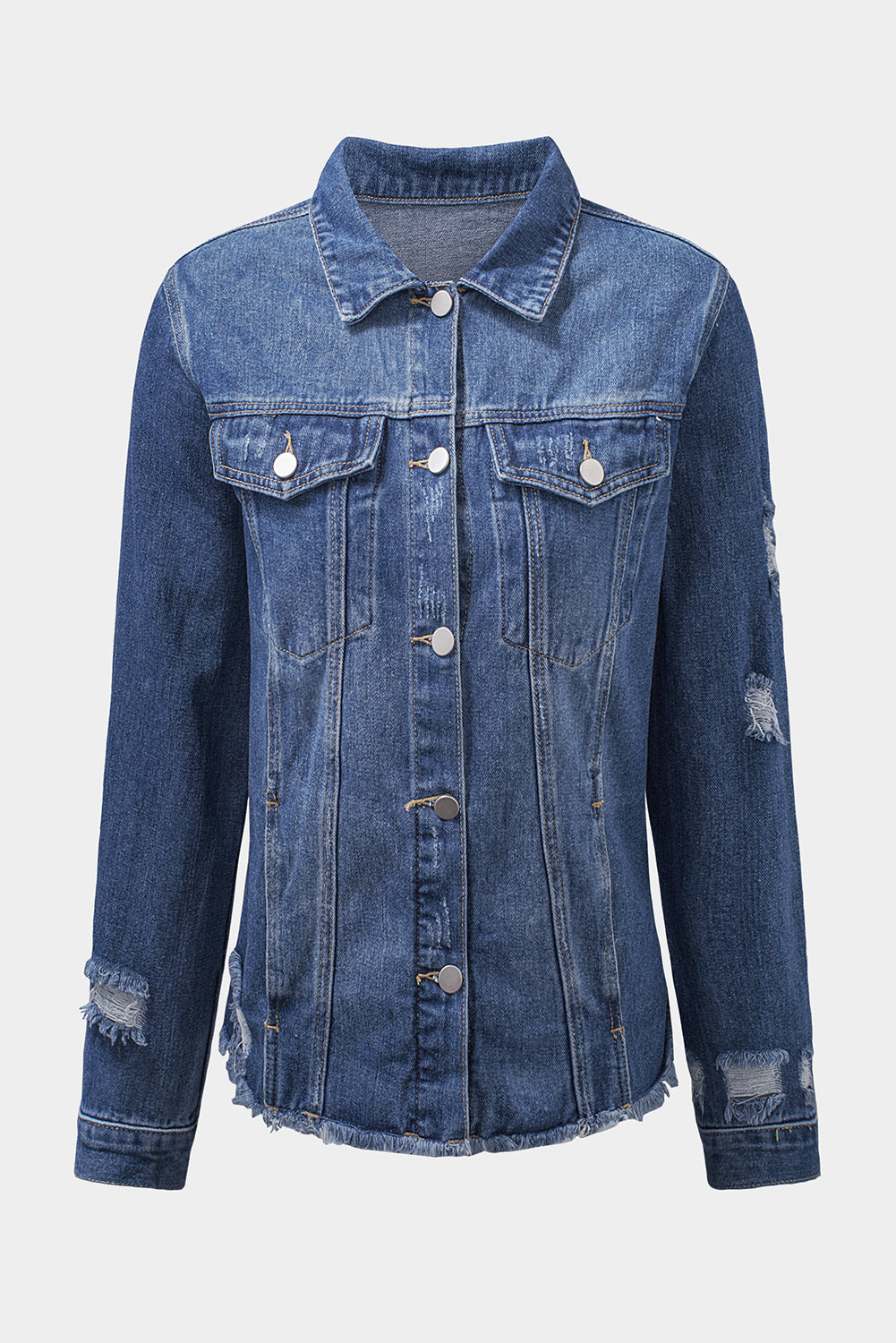 Cali Chic Blue Lapel Distressed Raw Hem Buttons Denim Jacket