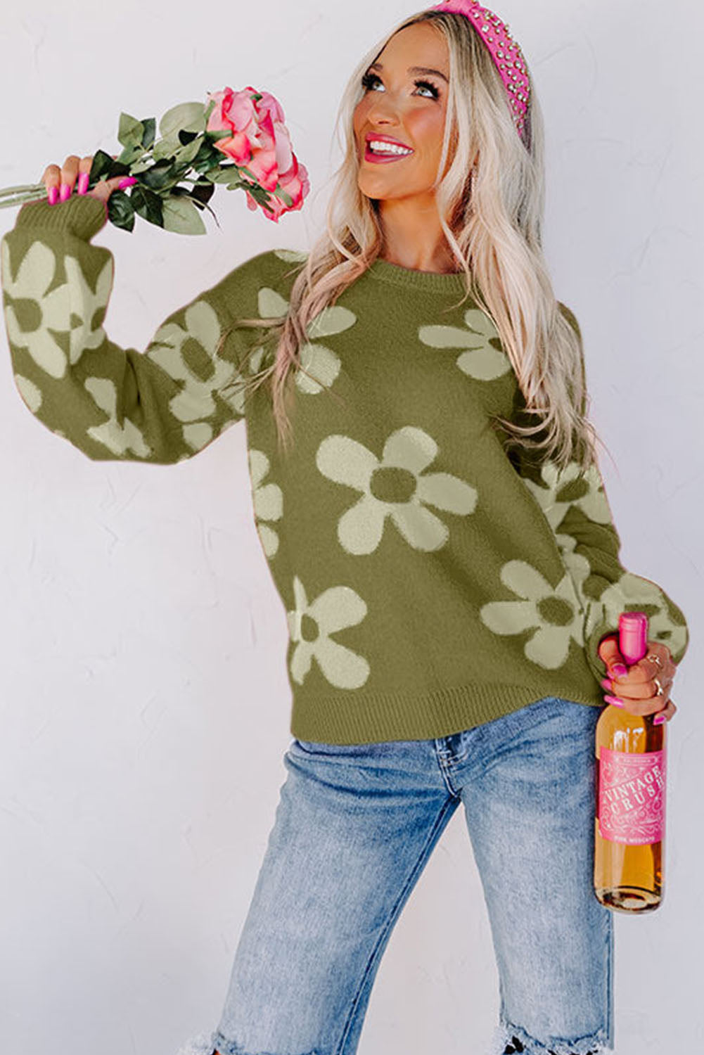 Cypress Big Flower Knit Ribbed Trim Sweater