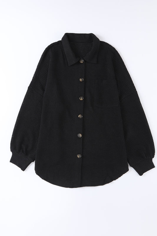 Cali Chic Black Waffle Knit Button Up Casual Shirt