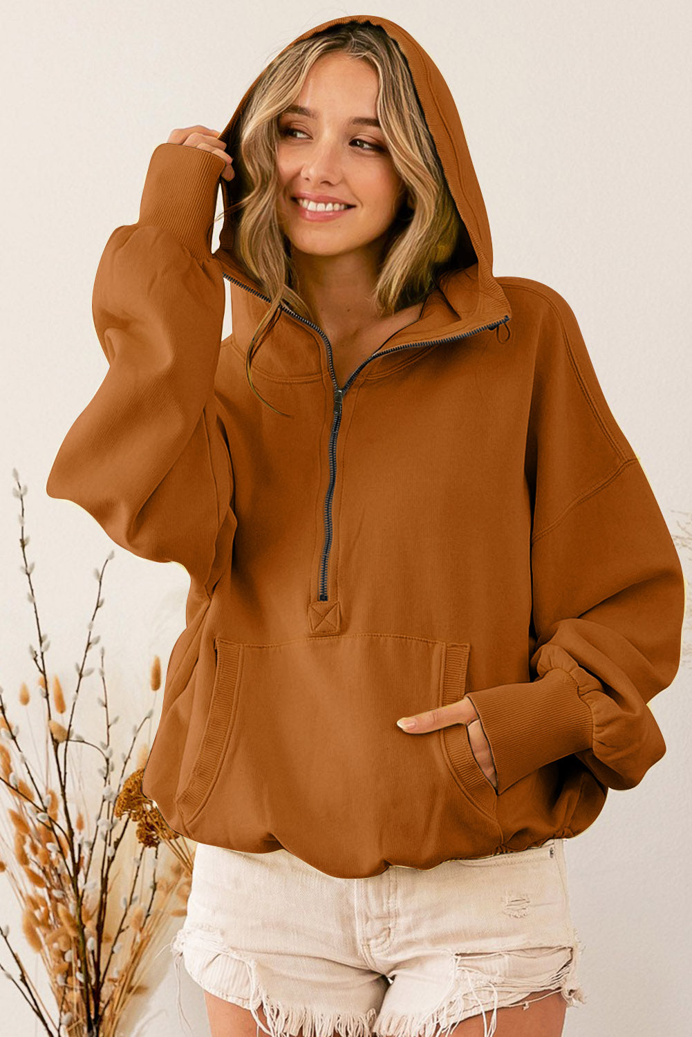 Brown Ribbed Trim Kangaroo Pocket Zipped Hoodie